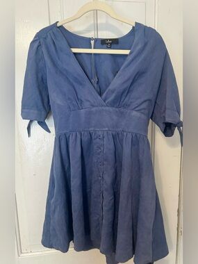 Lulu's Slate Blue V-Neck Fit-and-Flare Mini Dress